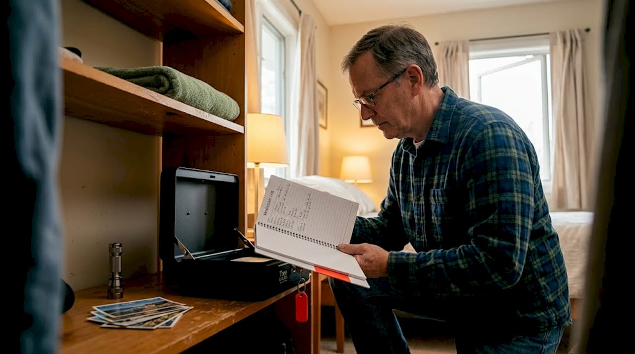 Older man checks medication box with log