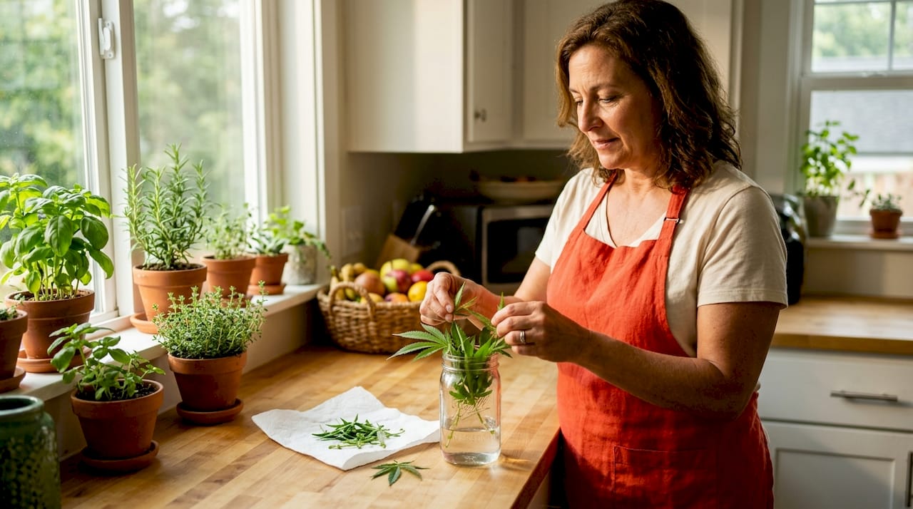 Storing fresh cannabis leaves in fridge water jar