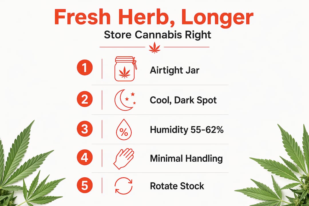 Infographic showing 5 steps to store dried cannabis herbs