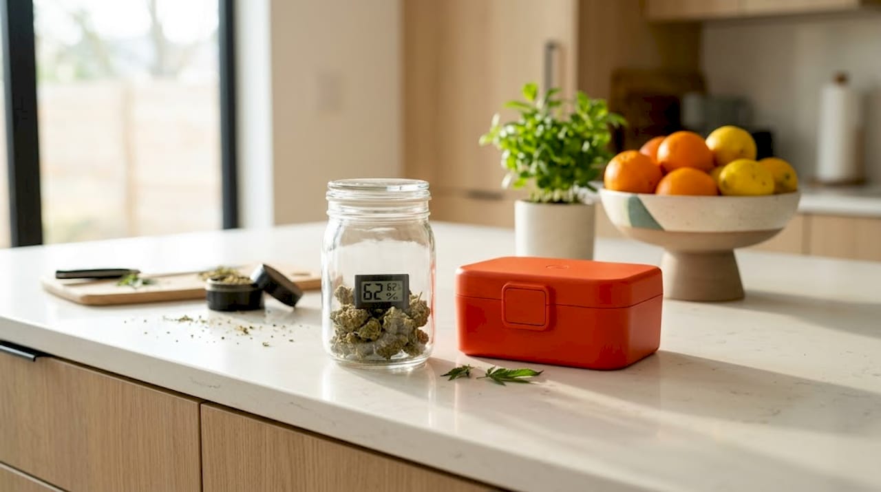 Cannabis storage containers with humidity gauge in kitchen