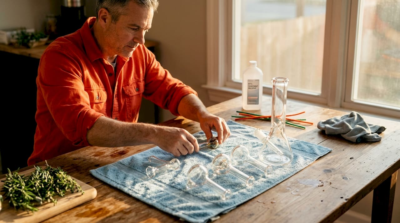 Drying cannabis pipes on kitchen towel