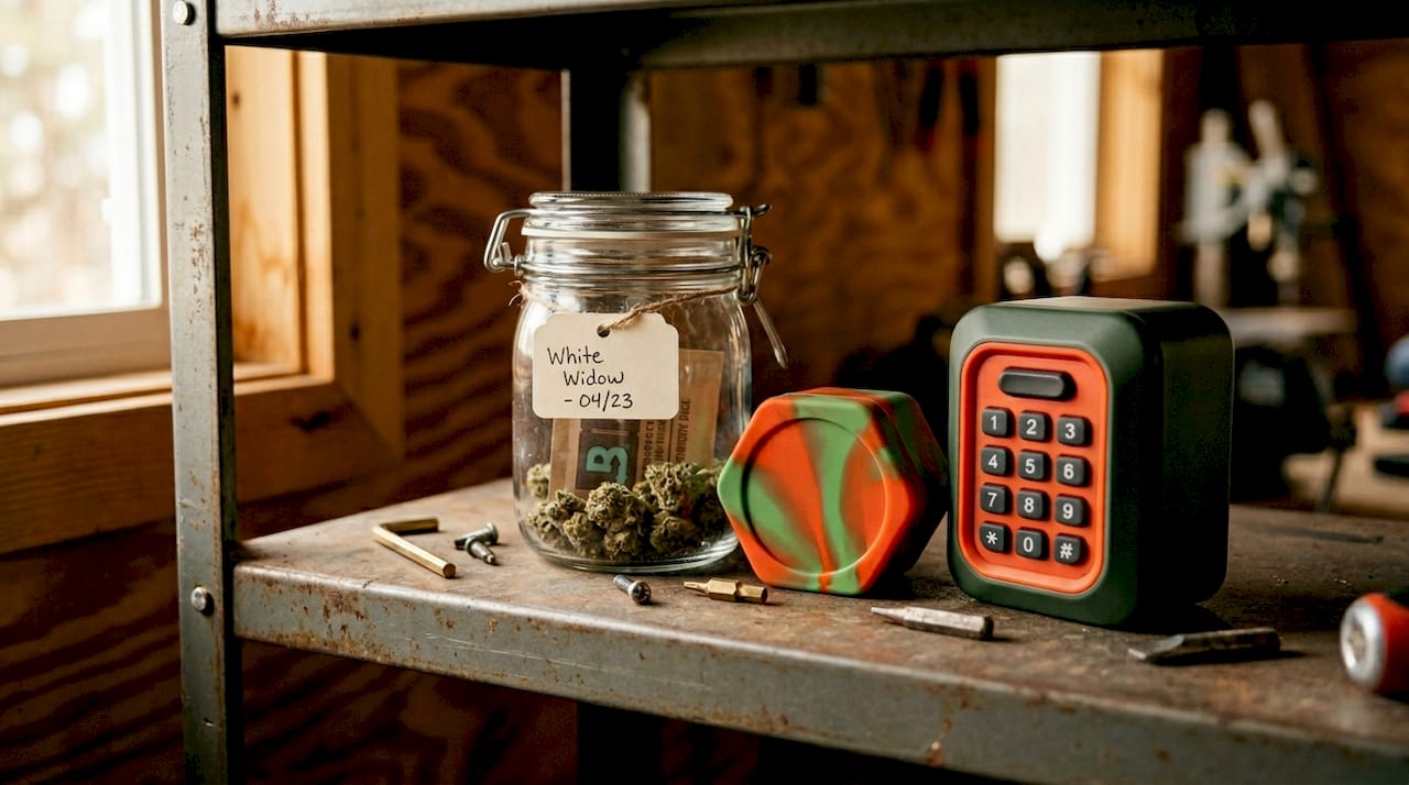 Cannabis storage jars with humidity packs on shelf