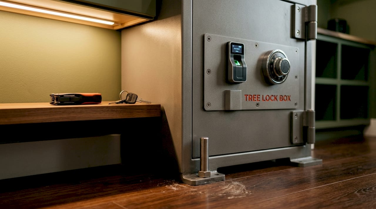 Close-up of tamper resistant steel cannabis safe door