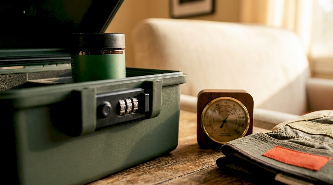 Open lockable smell-proof cannabis stash box on countertop