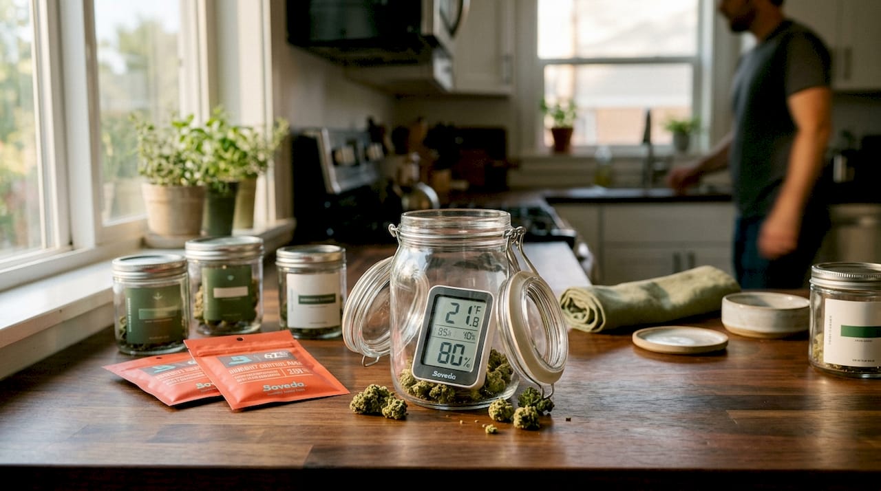 Hygrometer and thermometer inside cannabis container