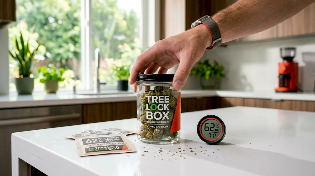 Hand placing airtight cannabis jar on shelf