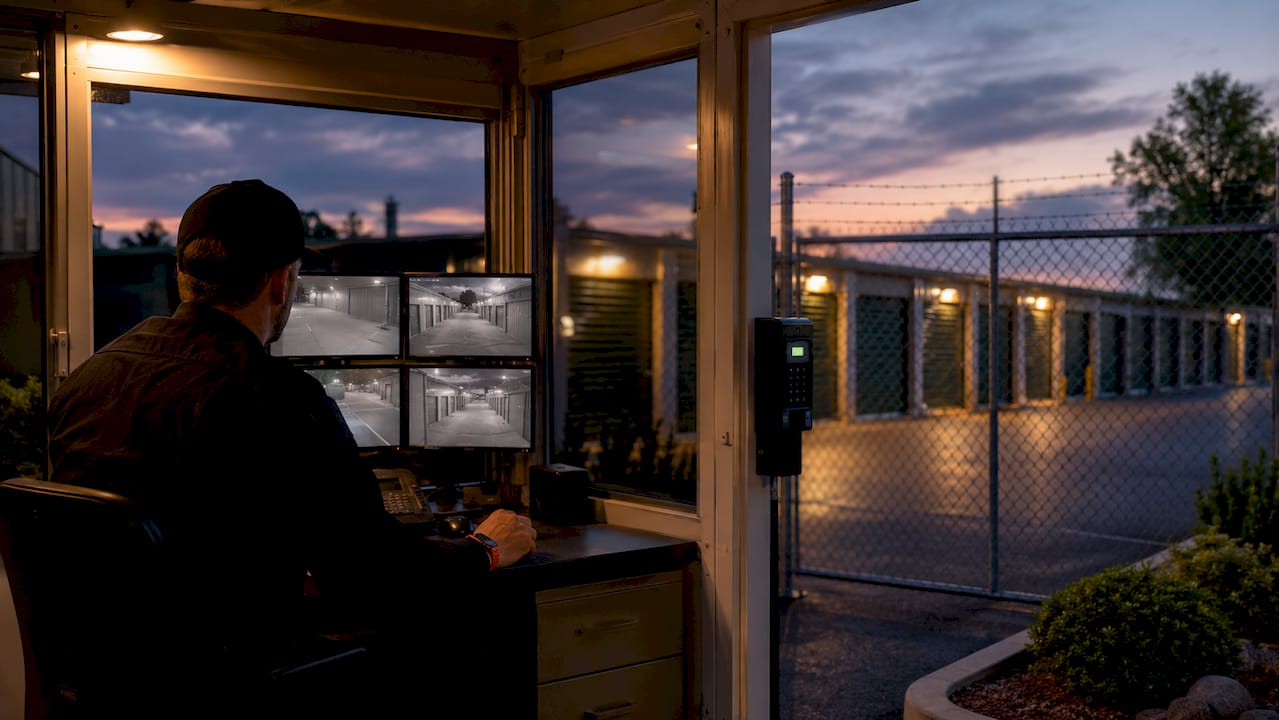 Security guard monitoring self-storage facility