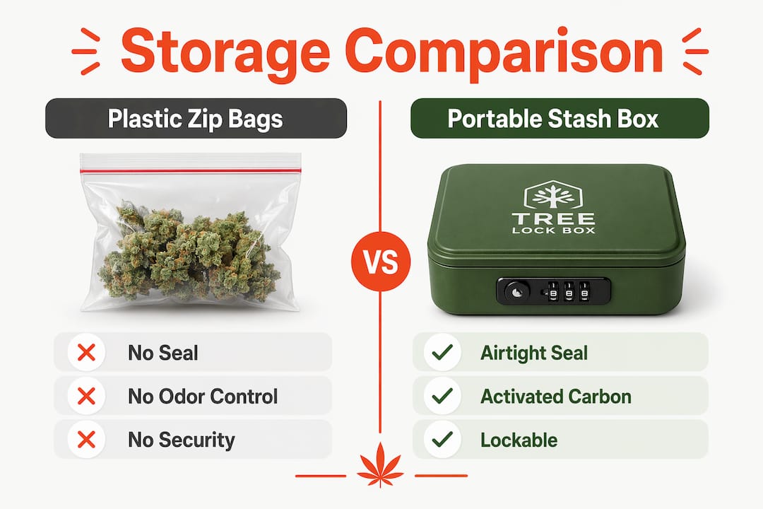 Infographic comparing plastic bags and stash boxes