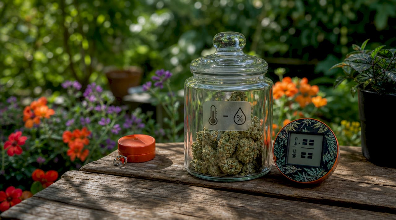Labeled cannabis container with humidity meter