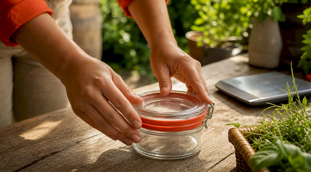 Hands sealing glass container with silicone gasket