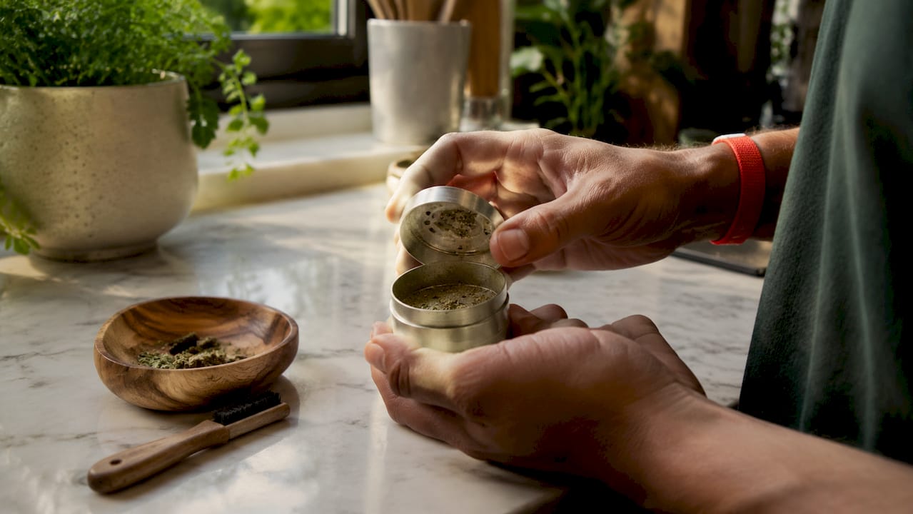 Close-up of hands using multi-chamber cannabis grinder