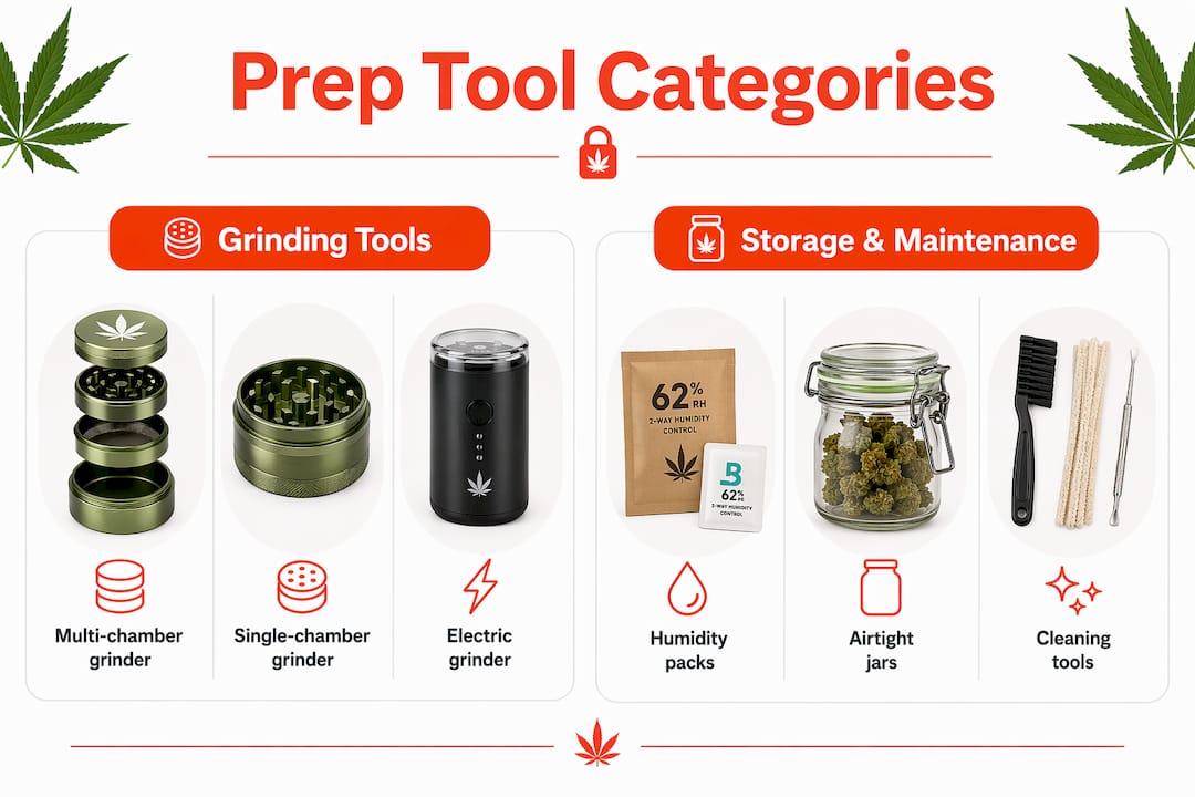 Infographic showing types of cannabis prep tools
