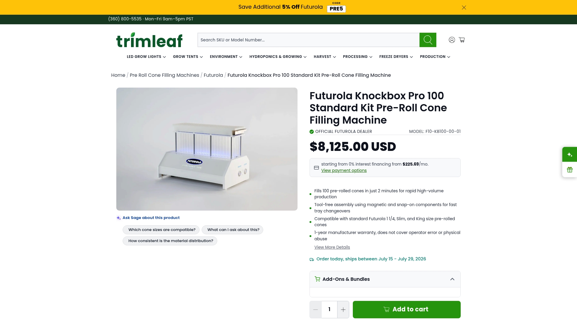 https://trimleaf.com/products/futurola-knockbox-pro-100-standard-kit-pre-roll-cone-filling-machine