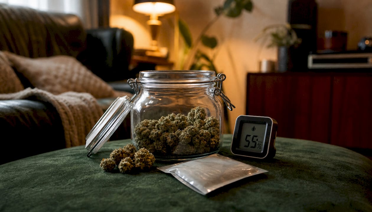 Cannabis storage jar with hygrometer and humidity pack
