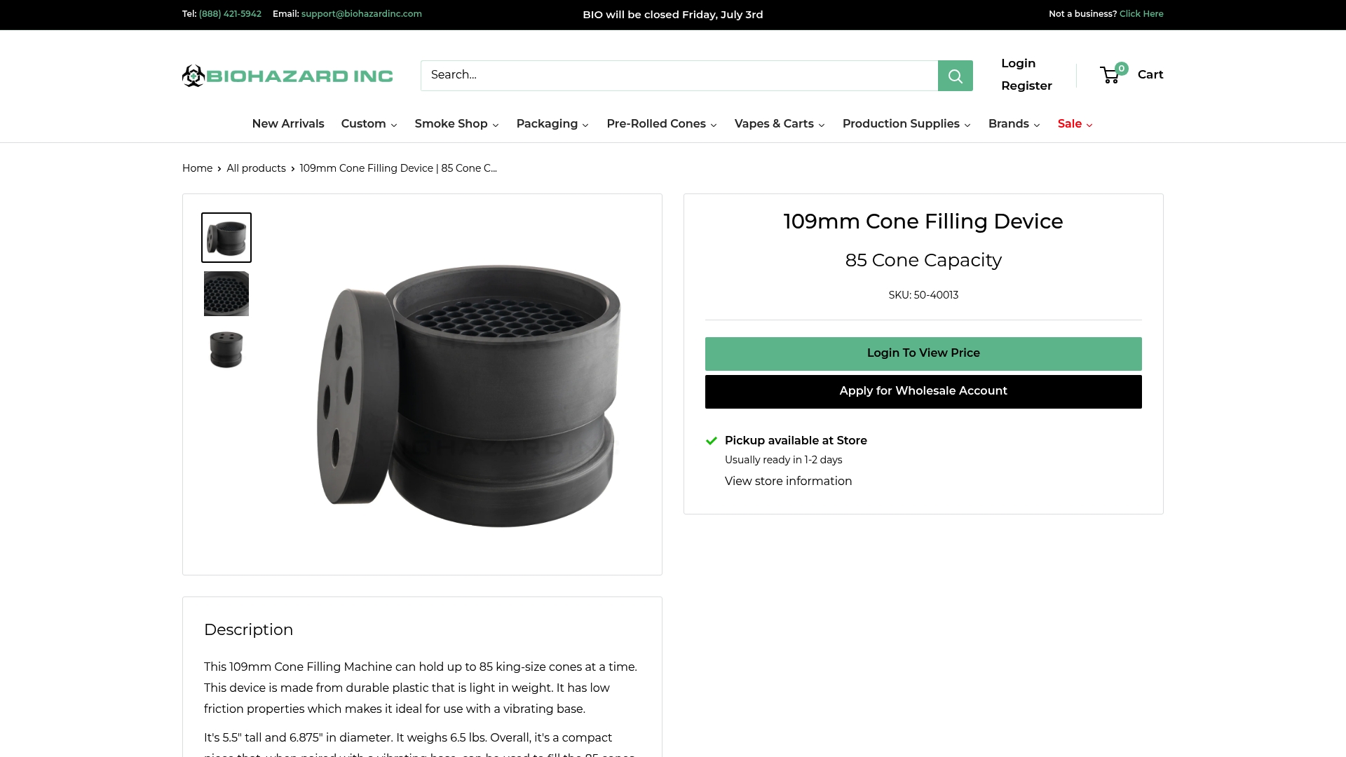 https://biohazardinc.com/products/109mm-cone-filling-device-85-cone-capacity