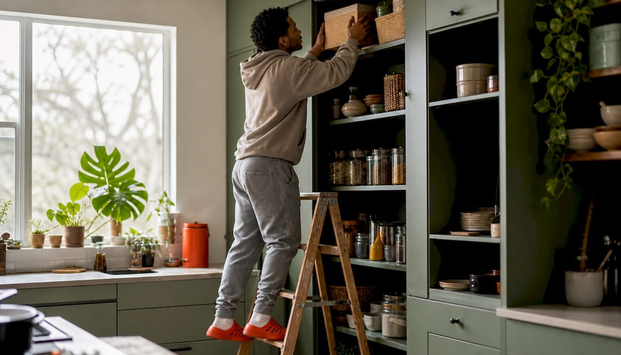 Man using vertical concealed storage shelves