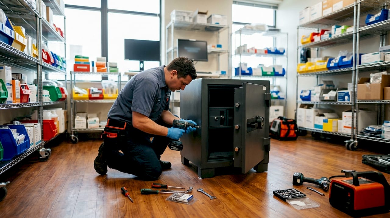 Hands installing anchoring bolts on medical storage safe