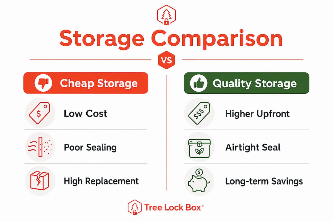 Infographic comparing cheap vs quality cannabis storage