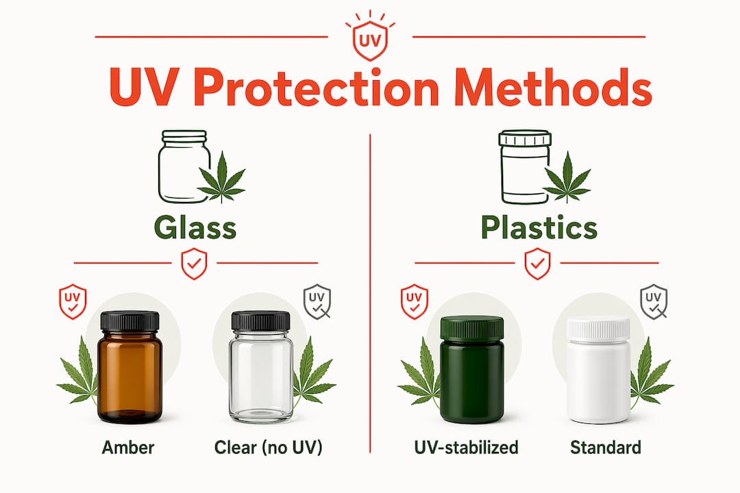 Infographic comparing glass and plastic UV protection methods