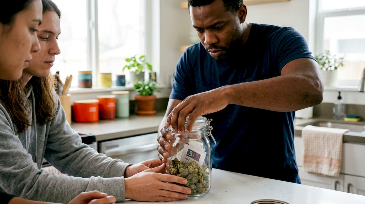 Hands setting humidity pack in cannabis jar