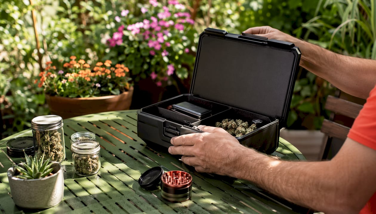 Hands placing larger cannabis stash box on counter