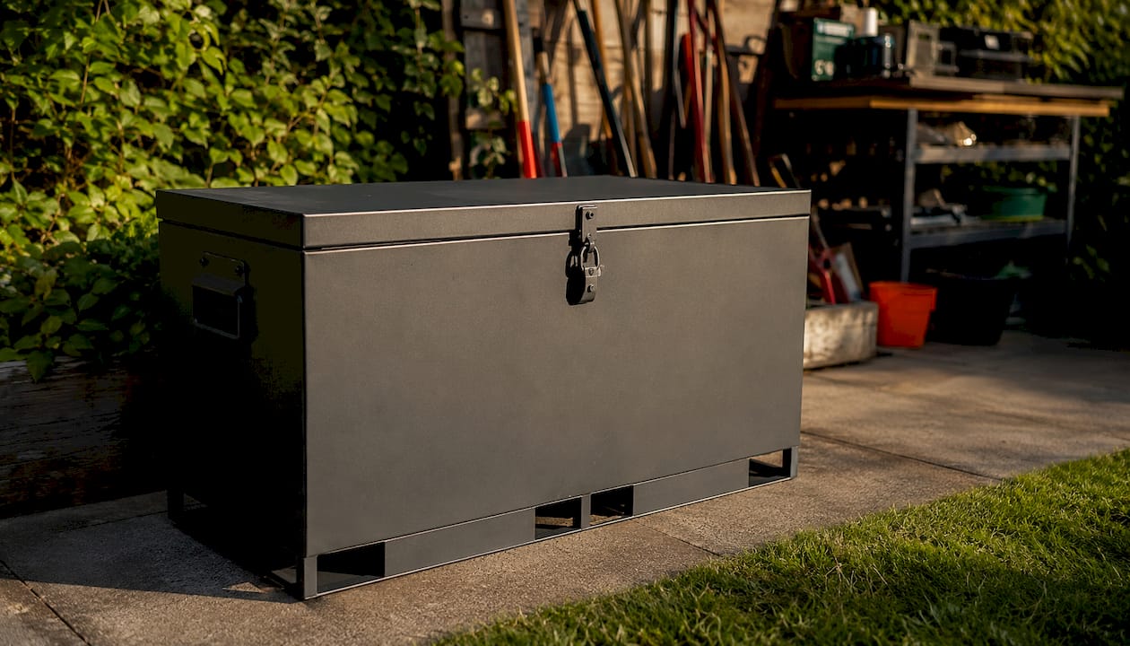 Close-up of high-security lock on storage container door