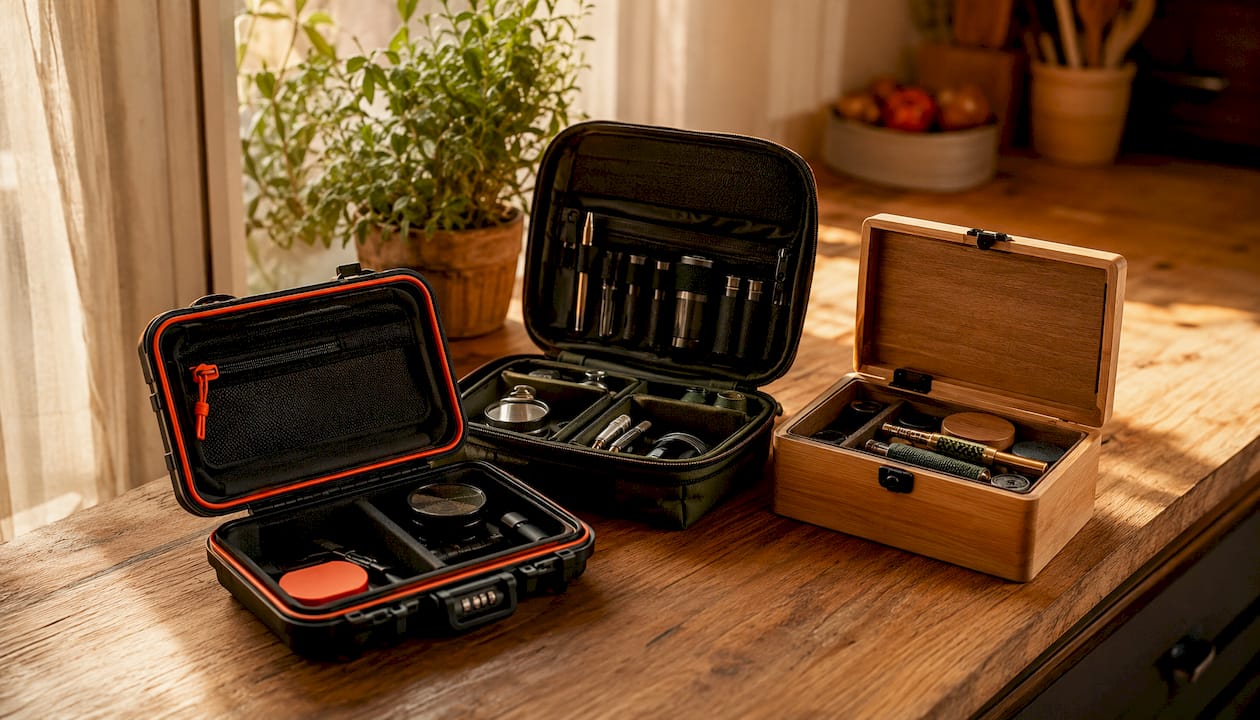 Close-up of various portable cannabis tool organizers