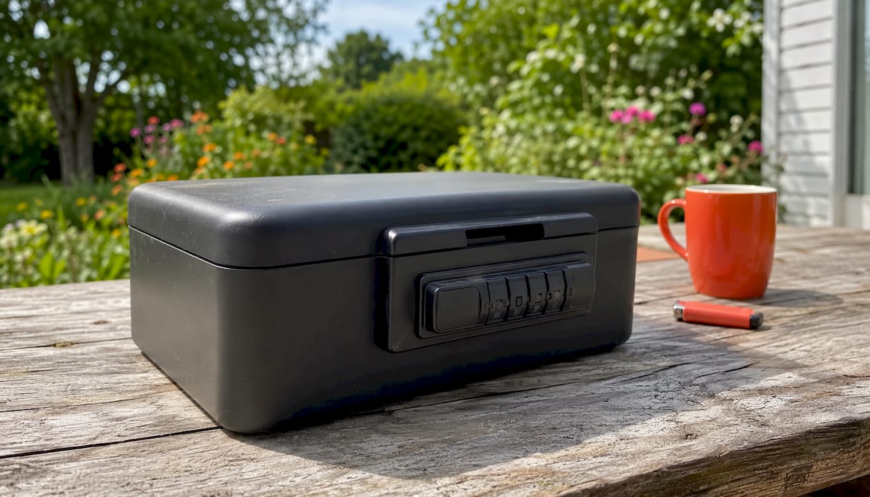 Close-up of secure cannabis storage box with lock