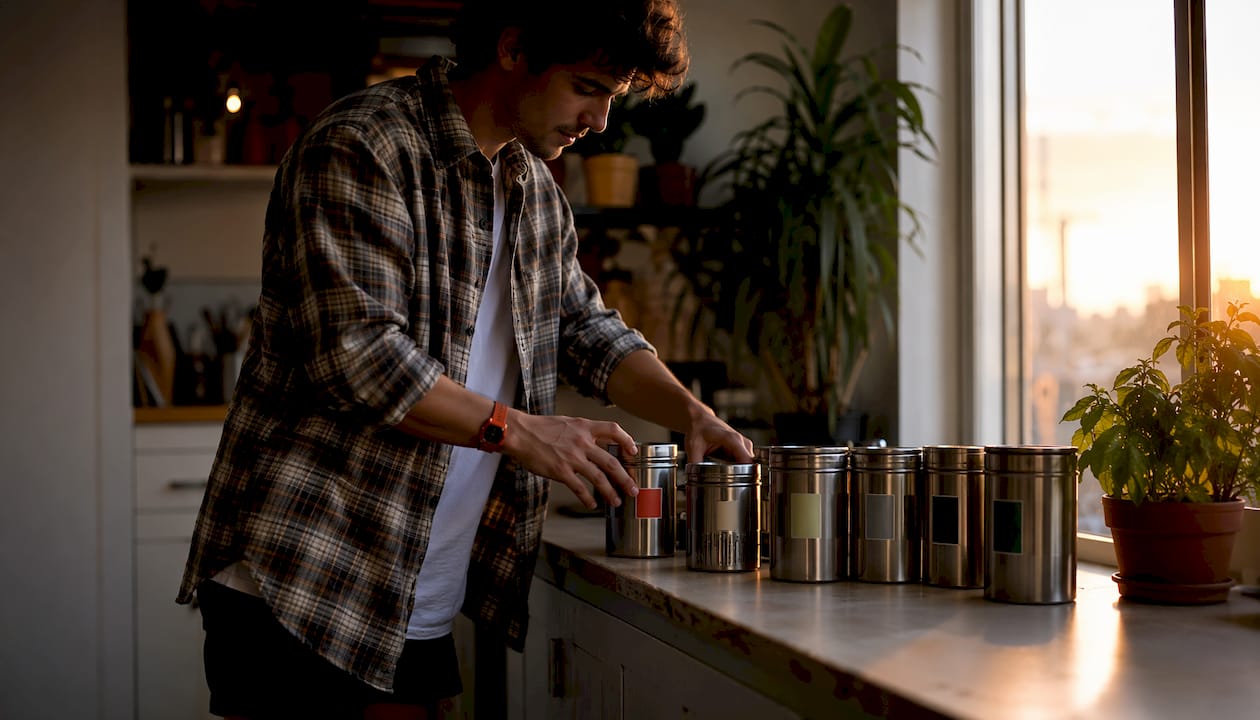 Man organizing smell-proof containers on shelf