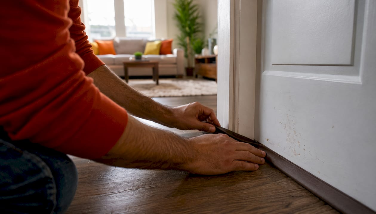 Hands sealing door gap with weatherstripping tape