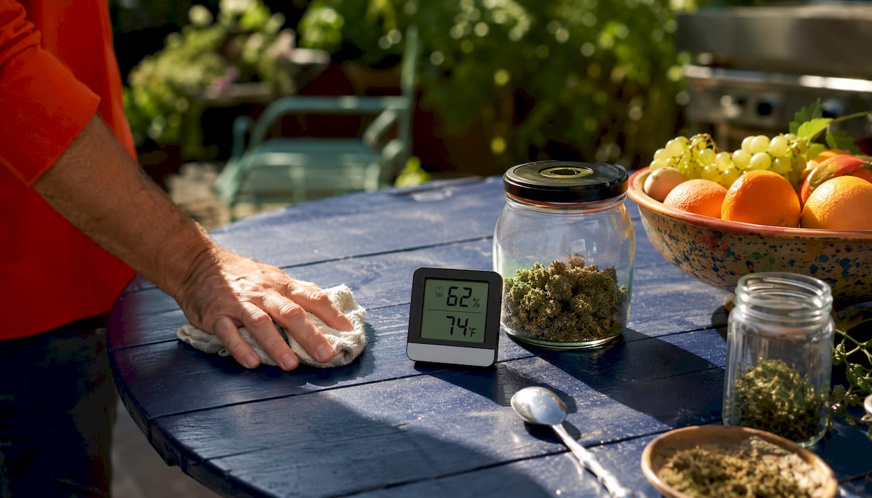 Hygrometer and thermometer near cannabis jar on counter