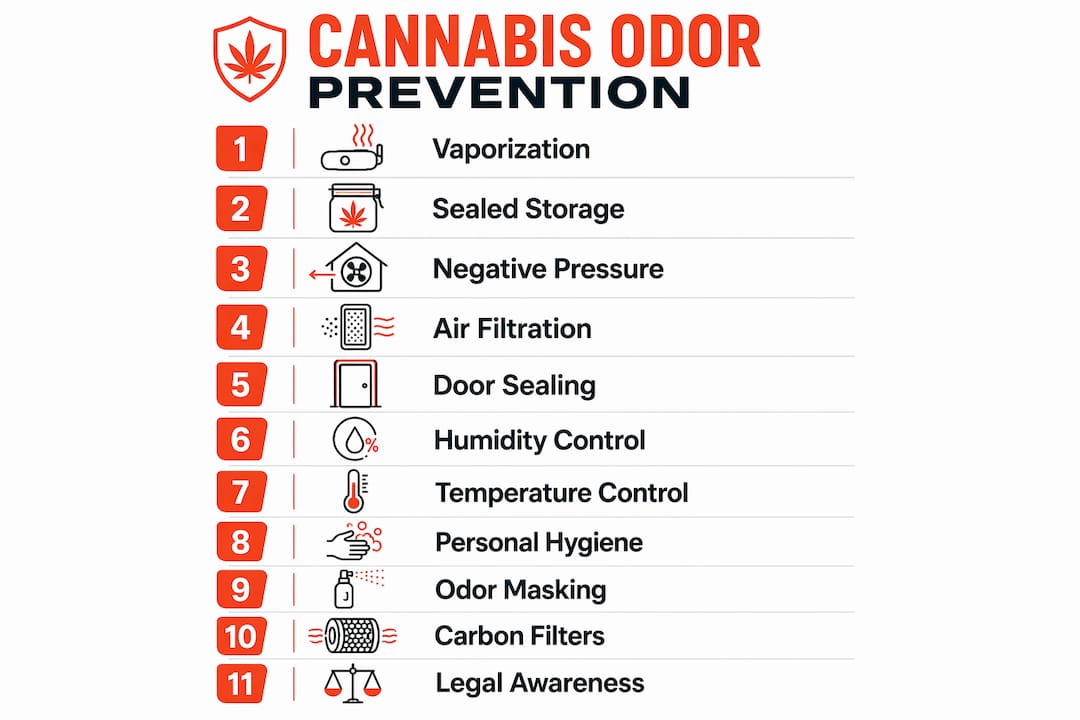 Infographic listing 11 methods to prevent cannabis odor spreading
