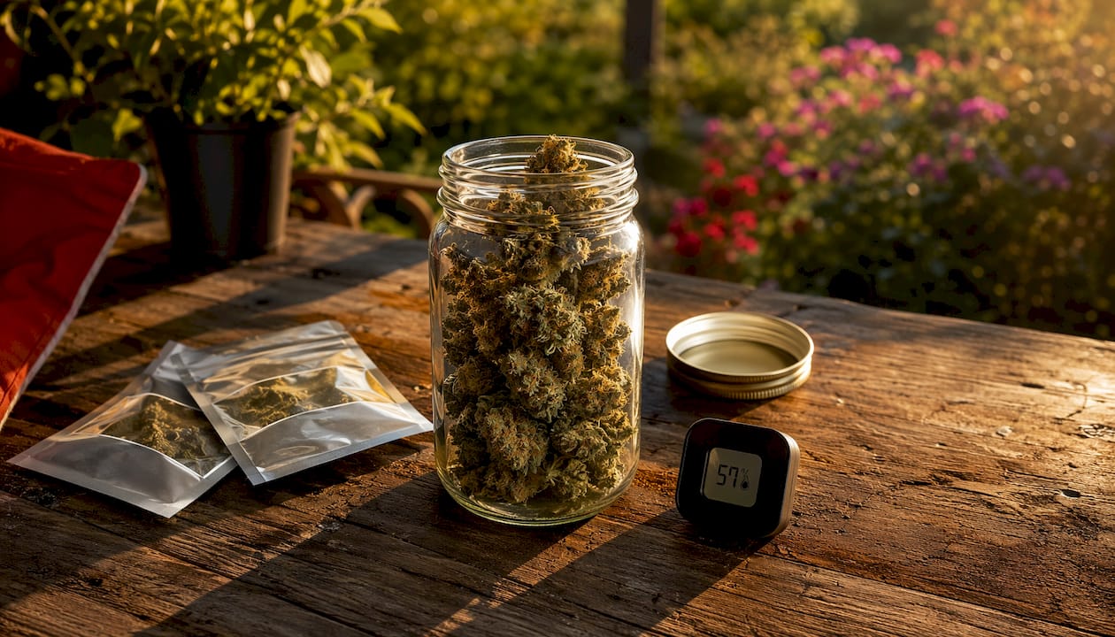 Cannabis flower in humidity-controlled jar