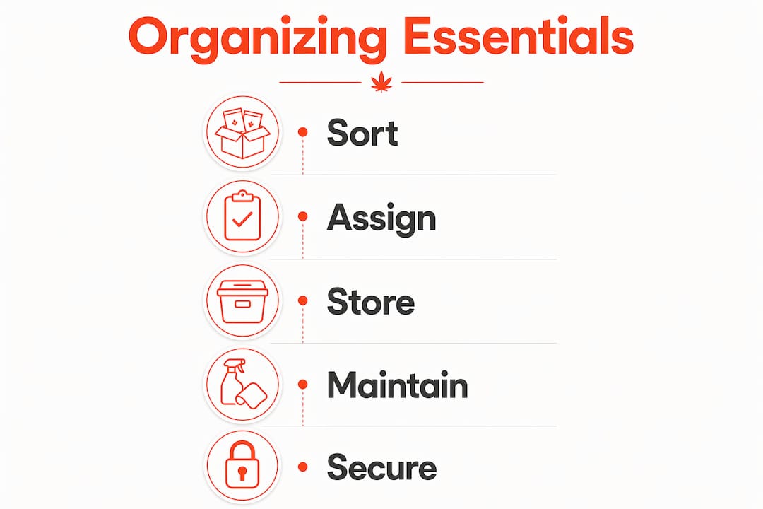 Infographic outlining five steps for organizing cannabis accessories