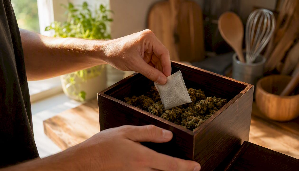 Hands placing humidity pack in cannabis jar