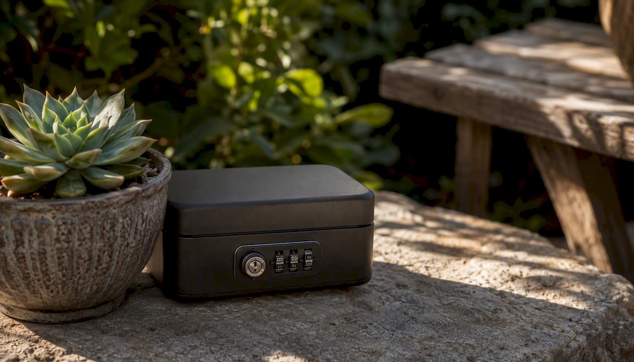 Locked childproof cannabis stash box at home
