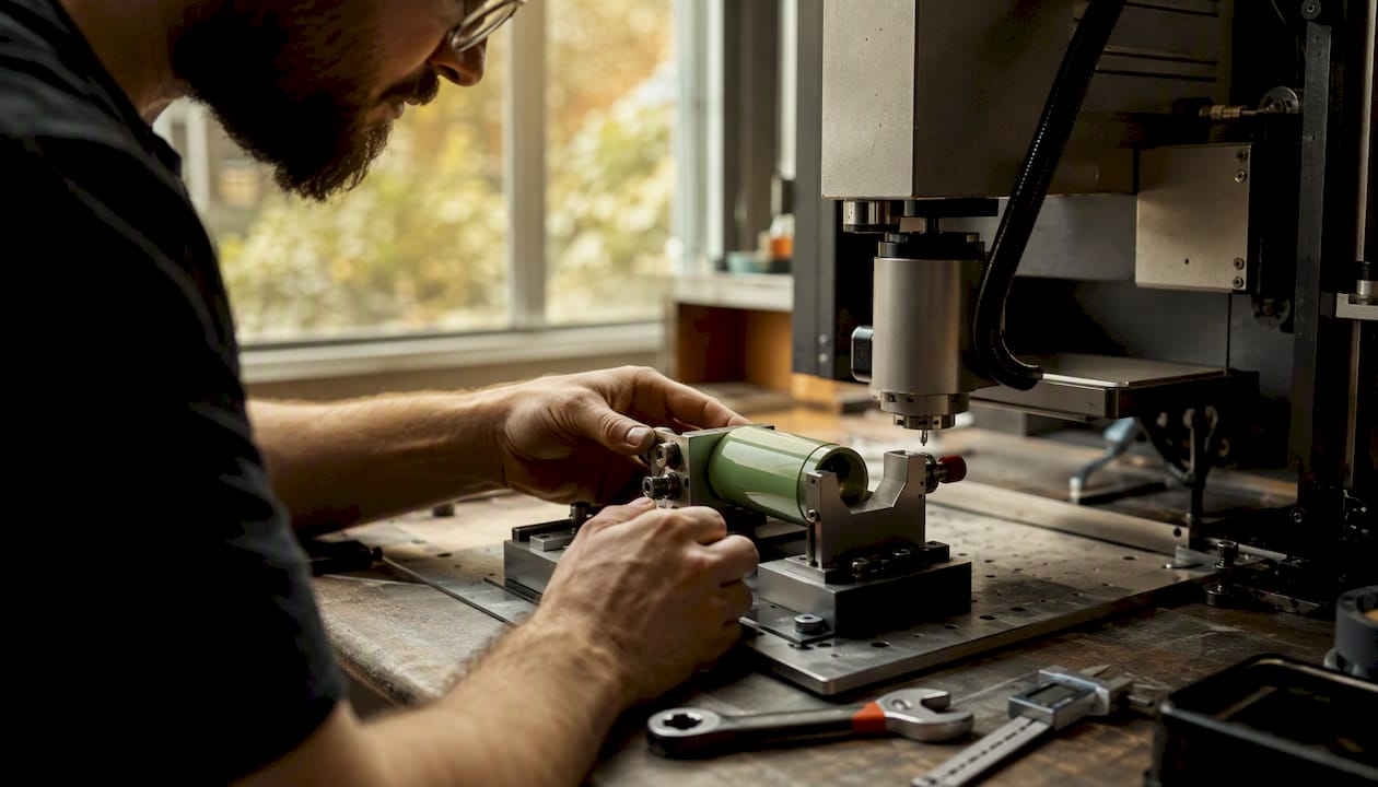 Hands adjusting jig holding herb grinder