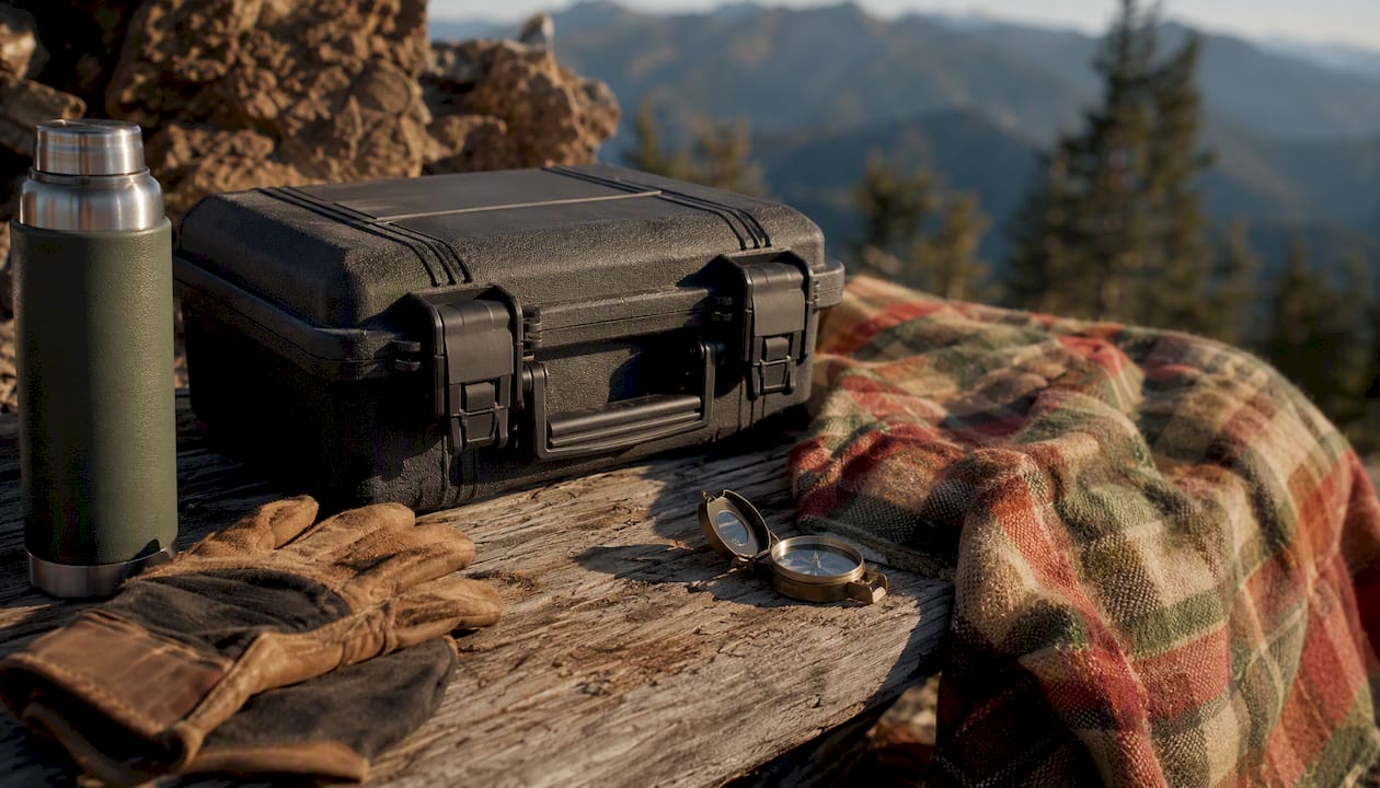 Hard-shell crushproof stash case on picnic table