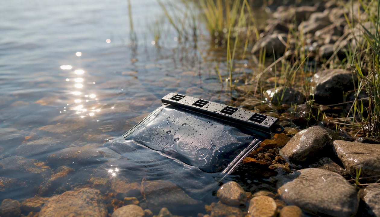 Waterproof submersible pouch in shallow water