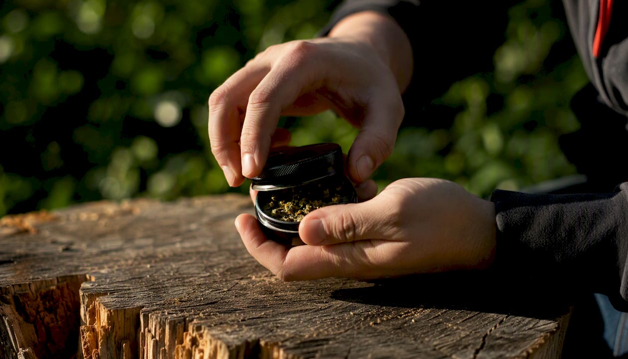 Hands turning herb grinder with visible crushed herb