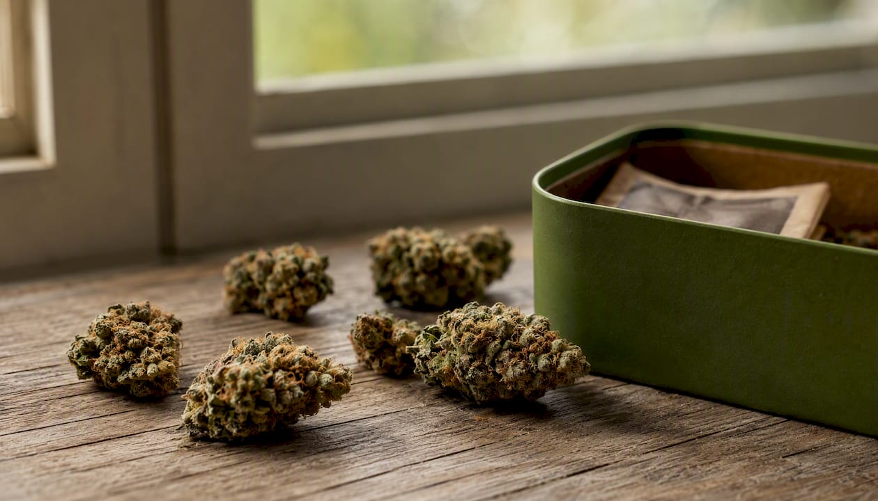 Dried cannabis buds and humidity pack on neutral surface