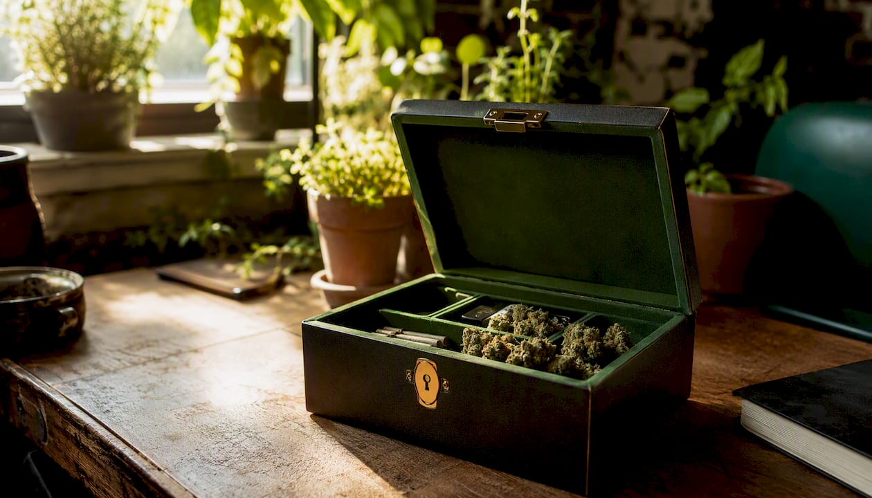 Closed lockable stash box with jar inside