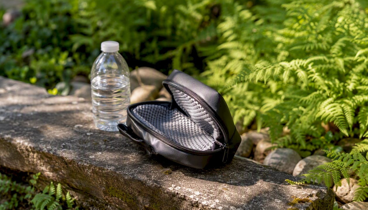 Carbon-lined smell-proof cannabis pouch on wooden bench