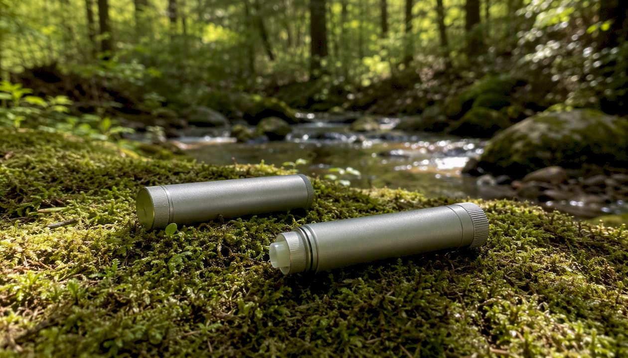 Aluminum and silicone pre-roll tubes on forest floor