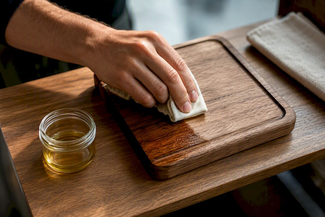 Applying food-safe oil to wooden surface