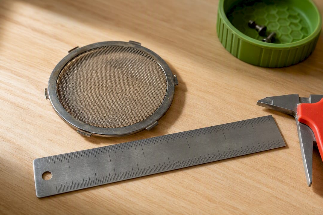 Grinder screen measured beside ruler
