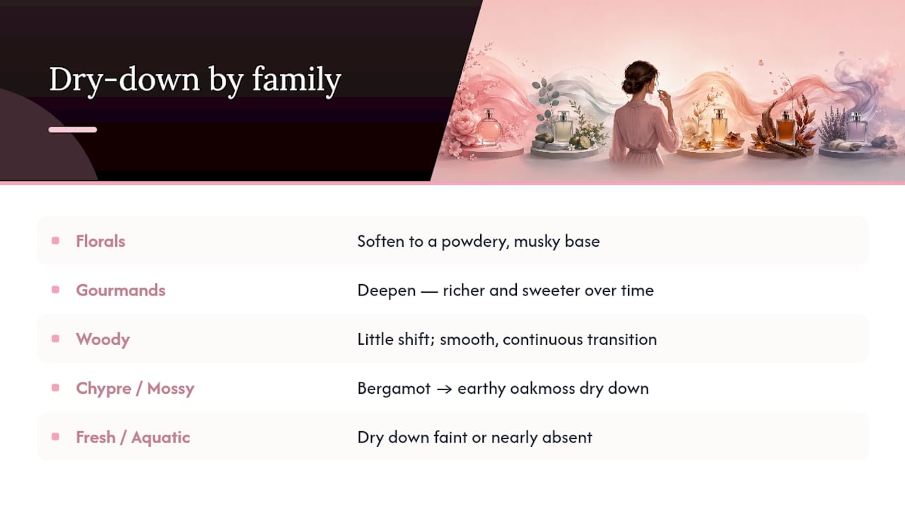 Which fragrance families dry down differently? — overview diagram