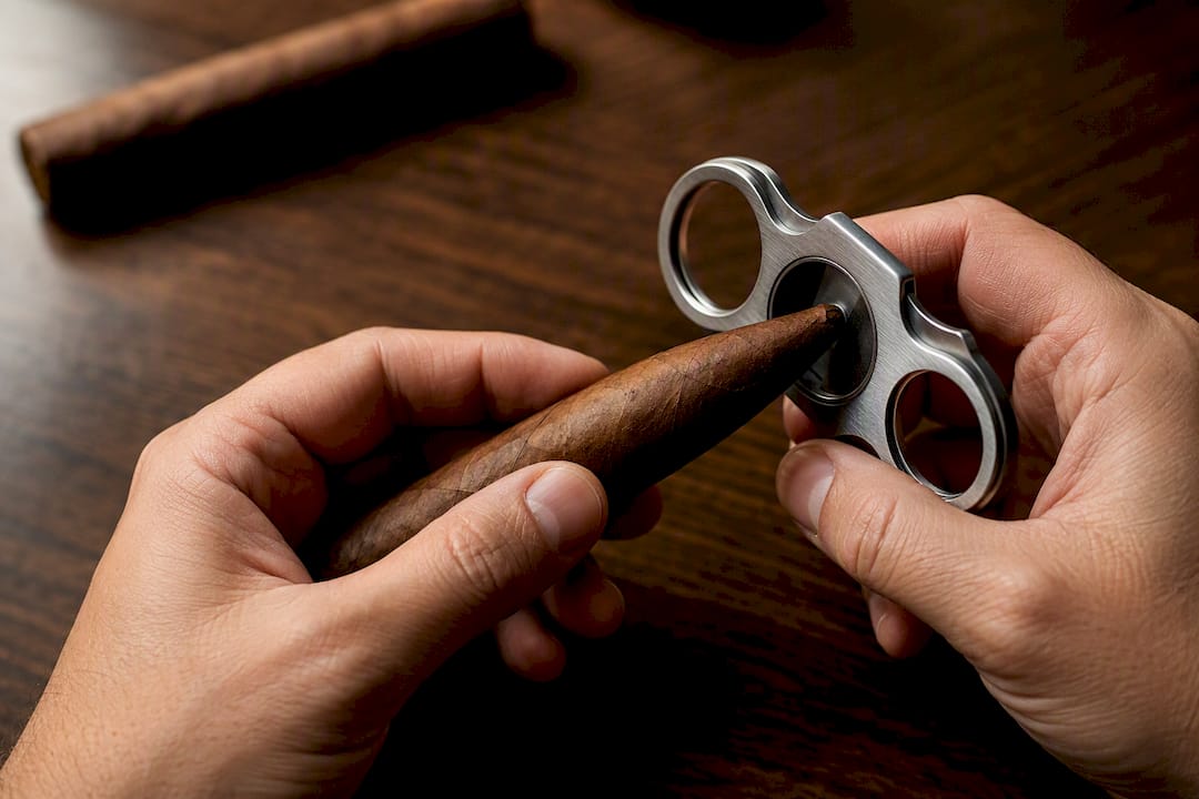 Close-up of cutting an anonymous torpedo cigar