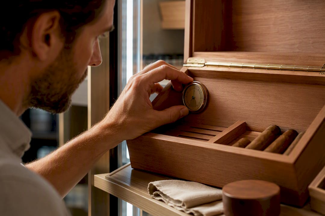 Collector checking humidity inside cedar humidor