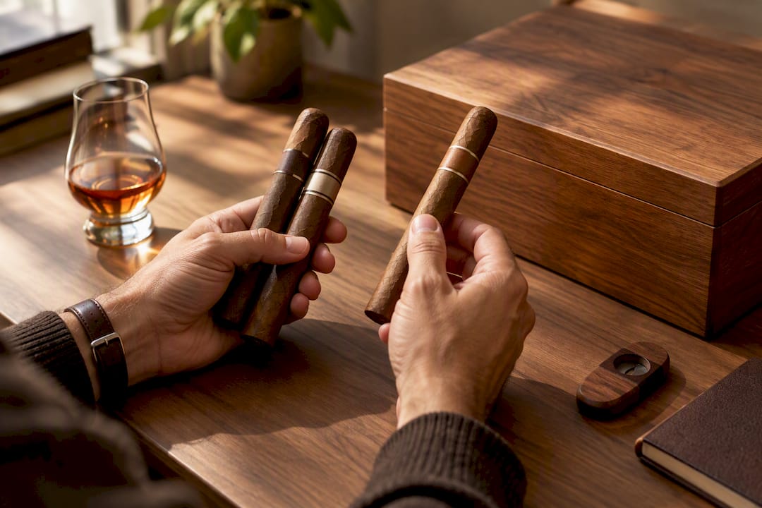 Hands comparing anonymous cigar singles